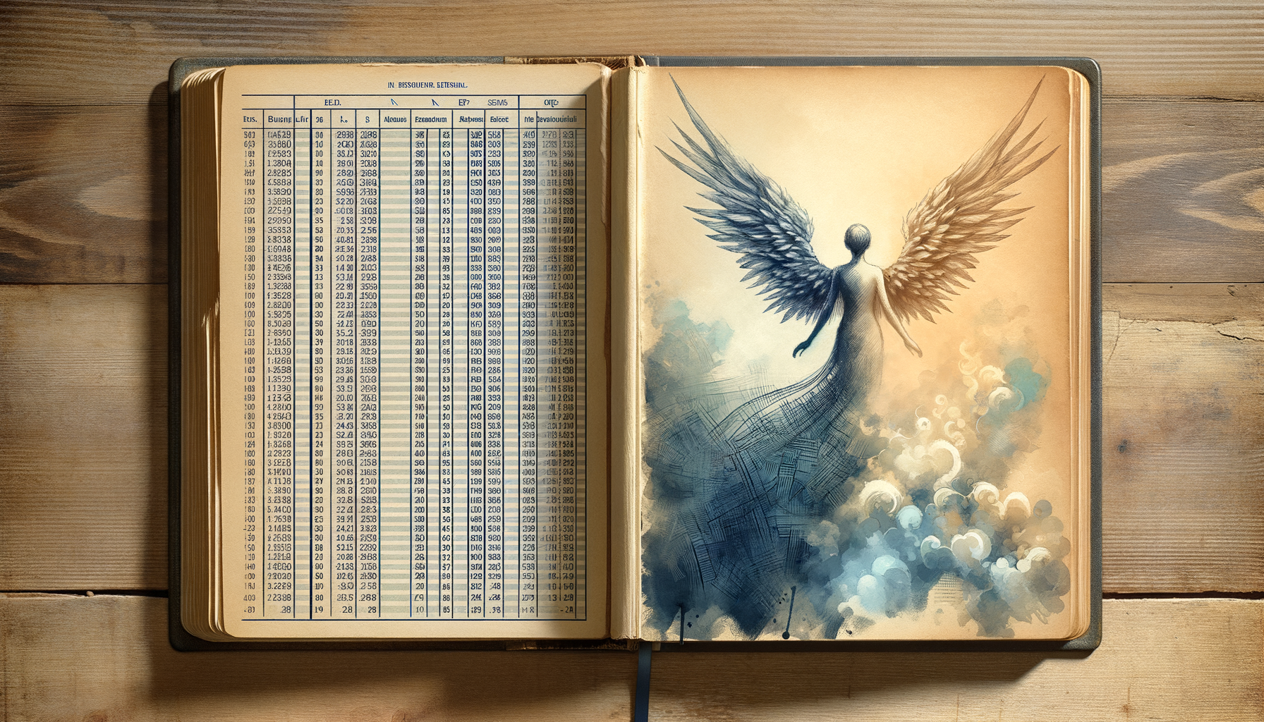 Editorial-Illustration: aufgeschlagenes Hauptbuch — eine Seite mit Zahlenkolonnen, die andere zerfließt in Aquarell — zur Spannung zwischen Kalkulation und Imagination.