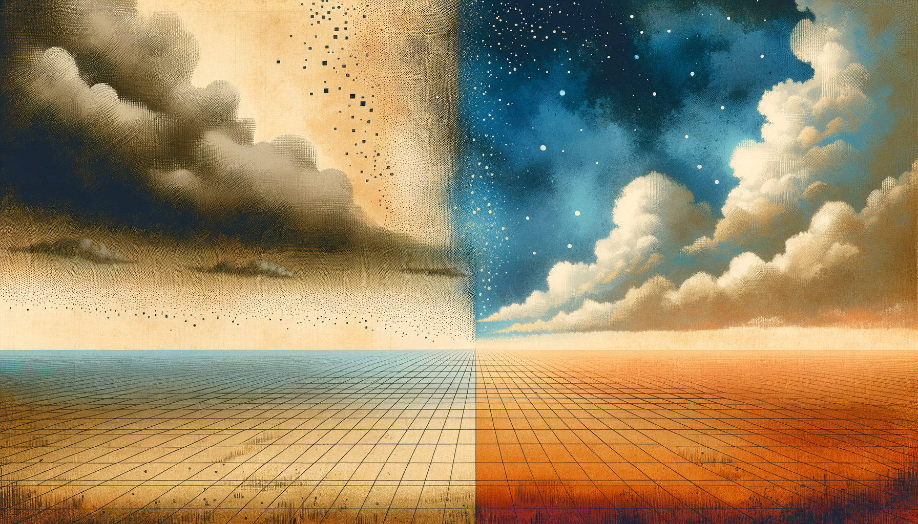 Editorial-Illustration: Horizont, halb in algorithmisches Raster aufgelöst, halb in offenes Licht — zur Frage der offenen Zukunft in der Demokratie.