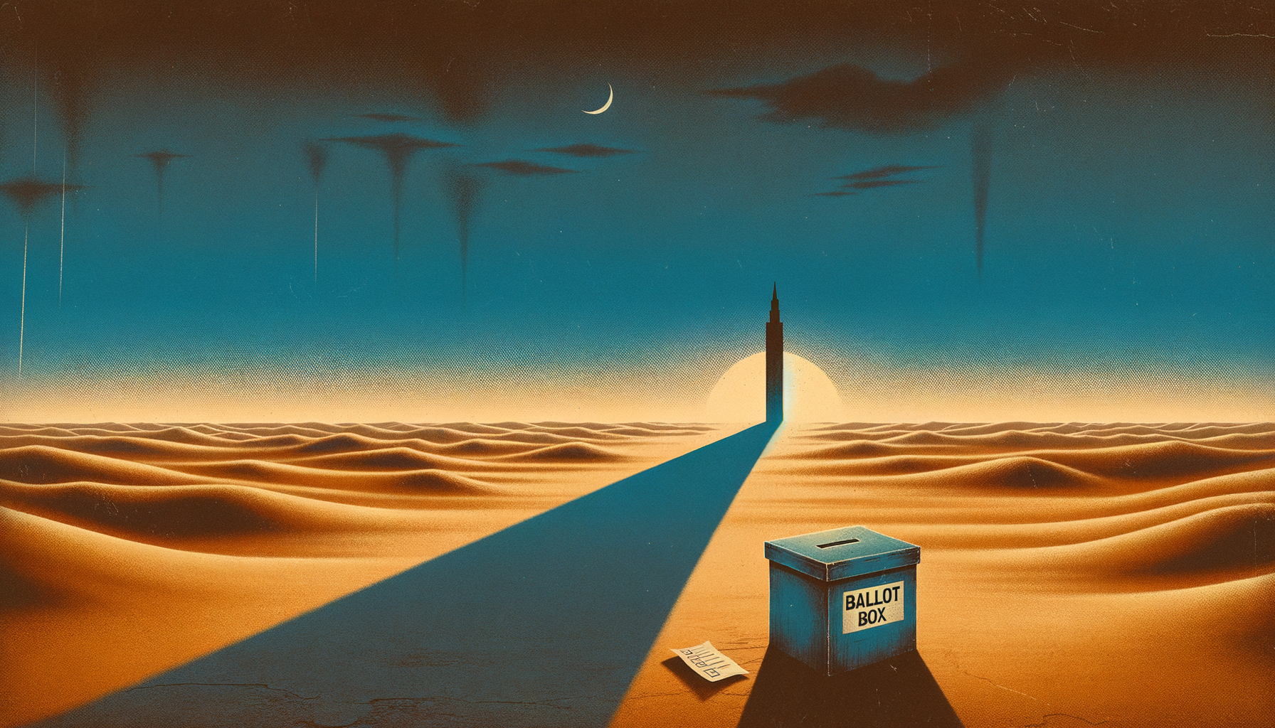 Editorial-Illustration: weite Landschaft mit fernem Uhrturm, dessen Schatten in den Vordergrund fällt, verstreute Wahlzettel davor — zur Frage politischer Zeithorizonte.