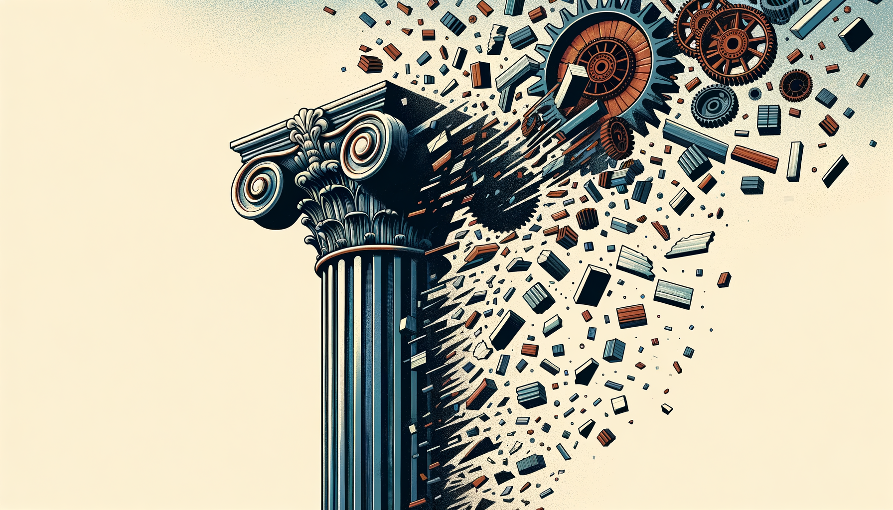 Editorial-Illustration: eine klassische Säule zerbricht in geometrische Splitter und Maschinenteile — zu politischer Impulsivität als Strategie.
