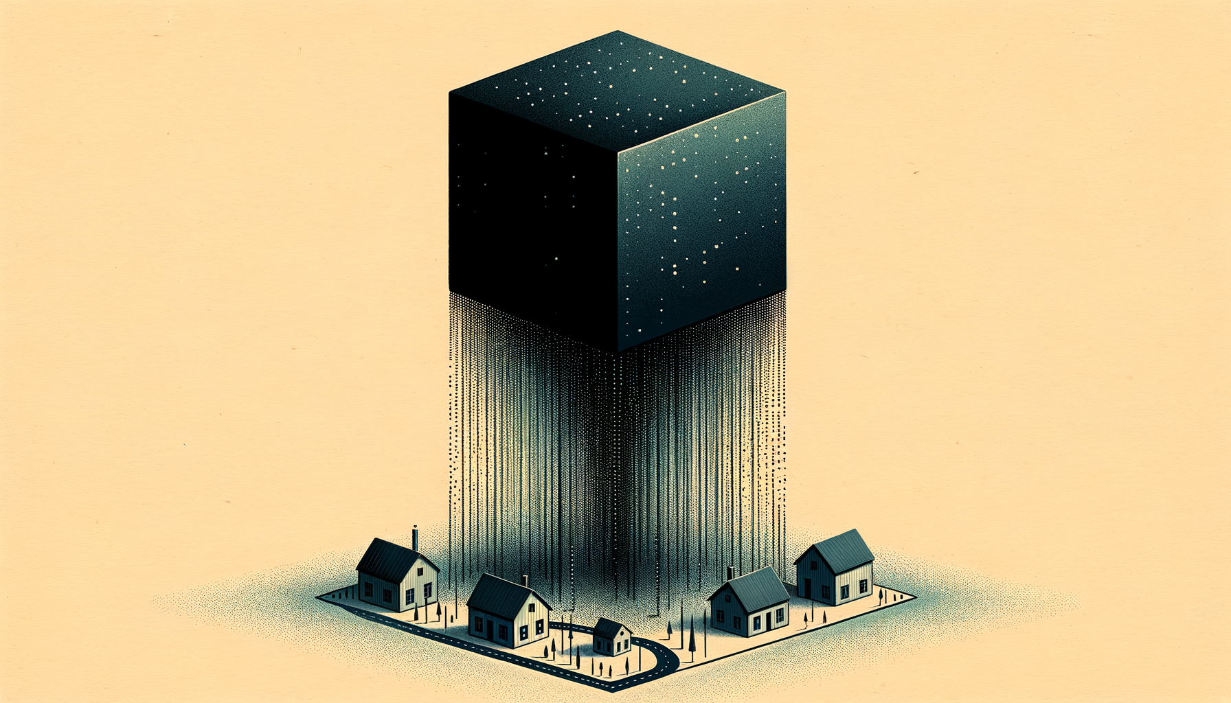 Editorial-Illustration: ein schwarzer, undurchsichtiger Würfel über einer Papierlandschaft, Datenströme rieseln auf Häuser herab — zu algorithmischer Governance.
